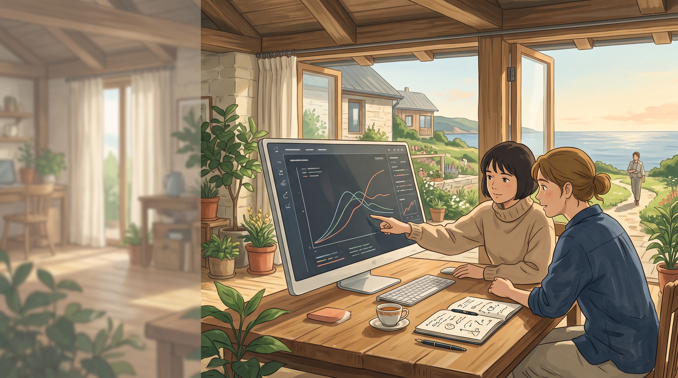 Illustration of a research studio with model training curves on a screen.